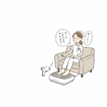 看護師が椅子に座ってエスコートエイチで足のむくみをケアしているイラスト