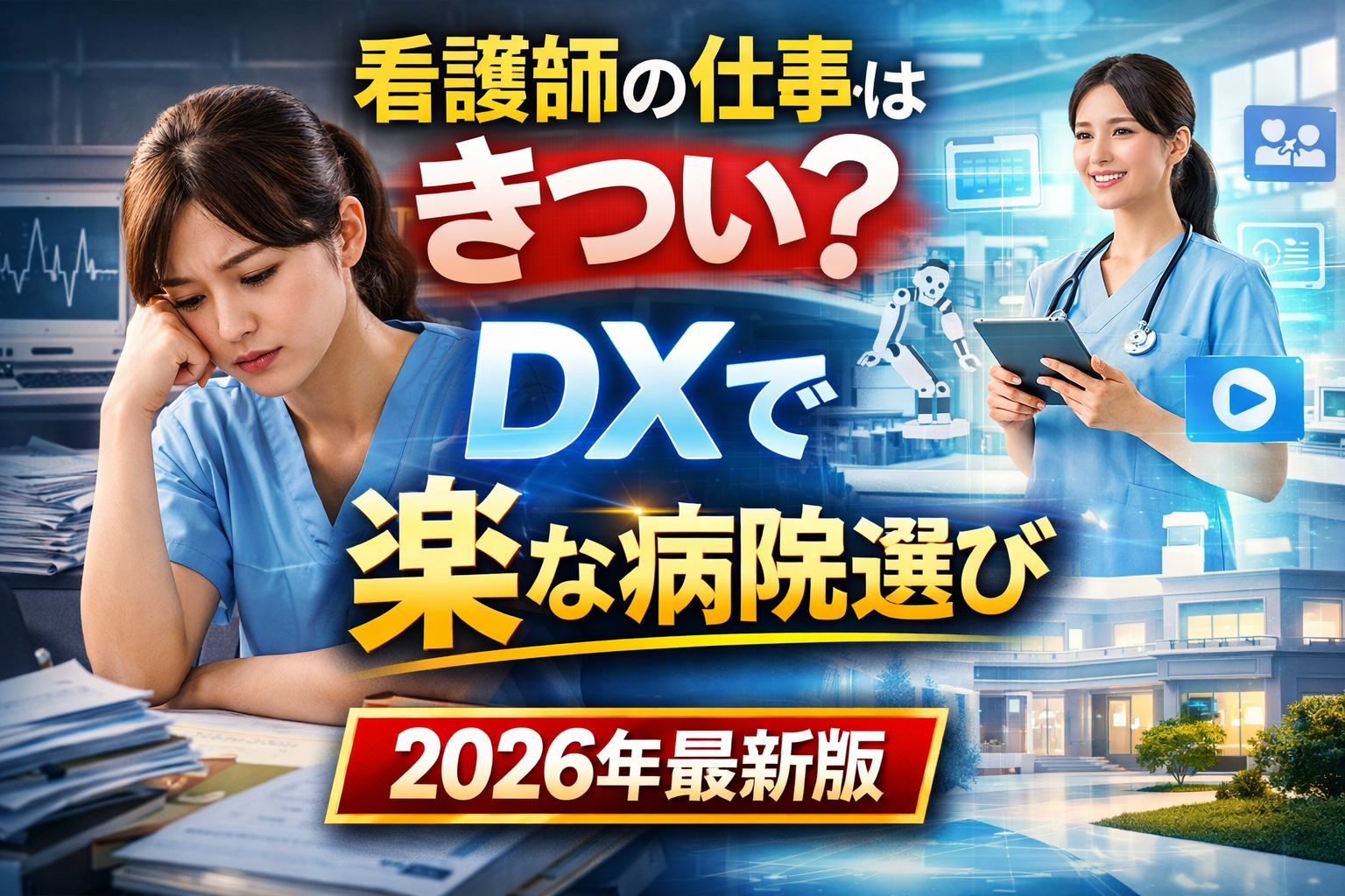 看護師の仕事のきつさと医療DXによる働き方の変化を表したイメージ。アナログ業務に悩む看護師と、DX化された病院で働く看護師の対比。