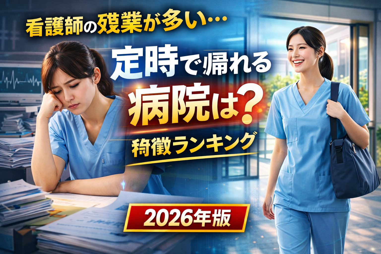 看護師の残業が多い職場と、定時で帰れる病院の違いを表したイメージ。疲れている看護師と働きやすい環境の対比。