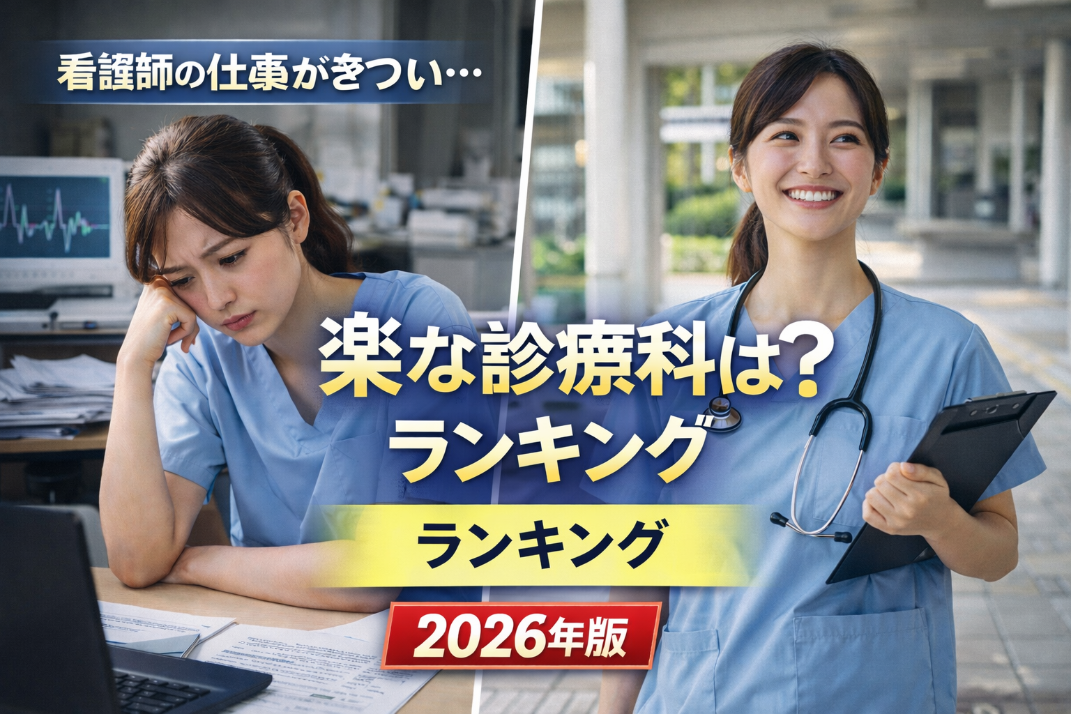 看護師の楽な診療科ランキングをイメージした、疲れている看護師と笑顔で働く看護師の対比画像。