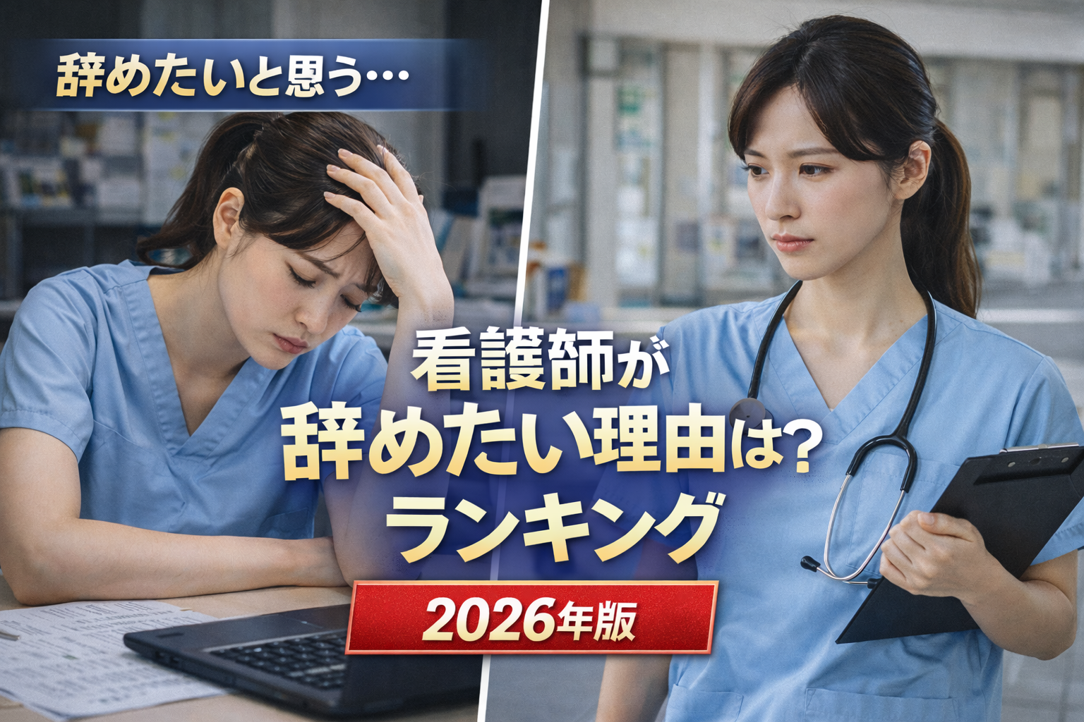 看護師が辞めたい理由をテーマに、疲れて悩む看護師と仕事を続けるか考える看護師を対比したイメージ画像。「看護師が辞めたい理由ランキング 2026年版」の文字入り。