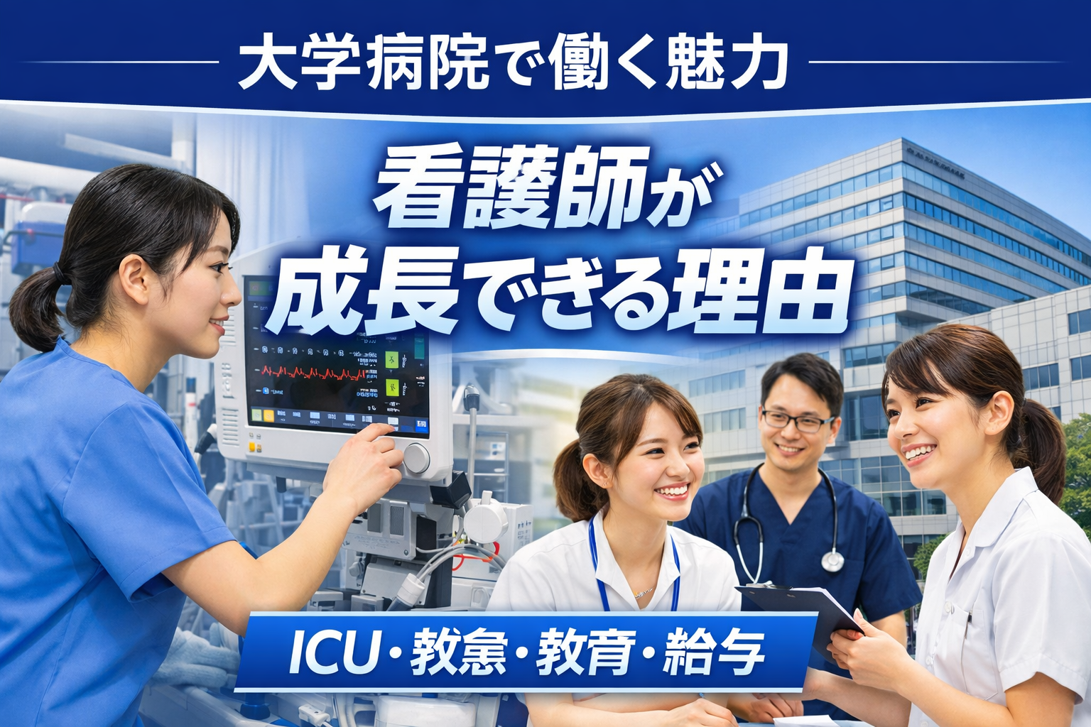 大学病院で働く看護師の魅力を示したアイキャッチ。ICU看護・チーム医療・成長環境をイメージしたデザイン