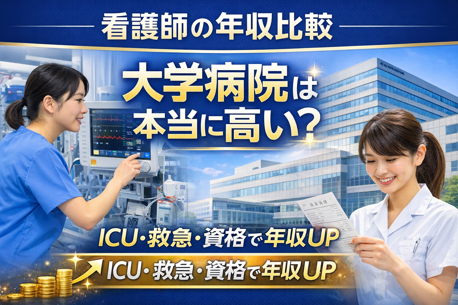 大学病院と一般病院の看護師年収を比較したアイキャッチ。ICU看護と収入アップをイメージしたデザイン